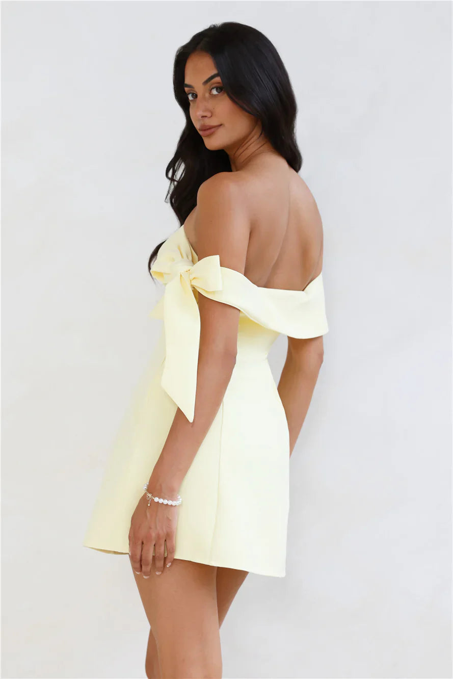 ladiesstreet Seashell Dream Off Shoulder Mini Dress Yellow Non-stretch Off-the-shoulder Zipper, hook eye closure Bridesmaid dresses
