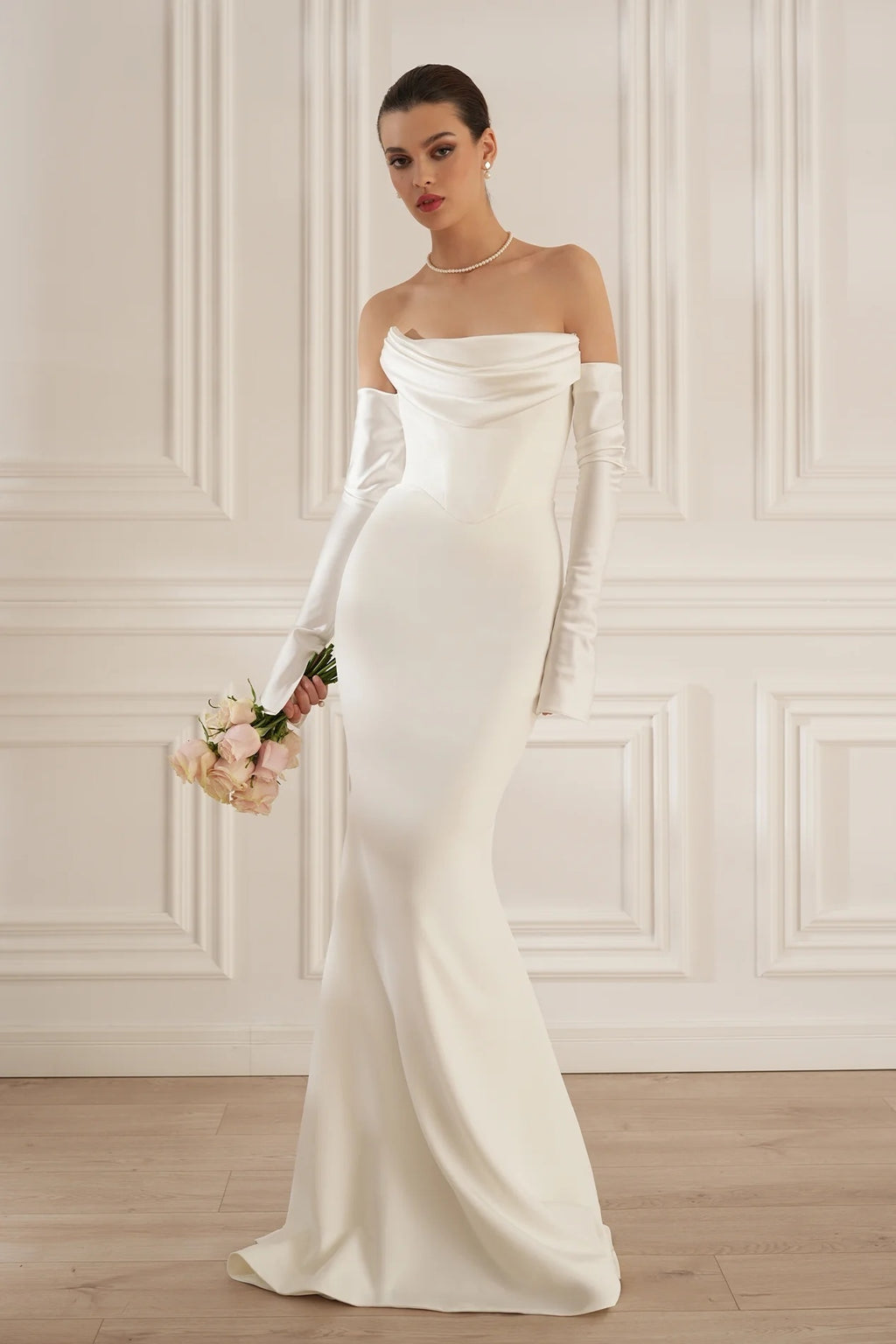 Ivory Satin Off-Shoulder Mermaid Wedding Gown