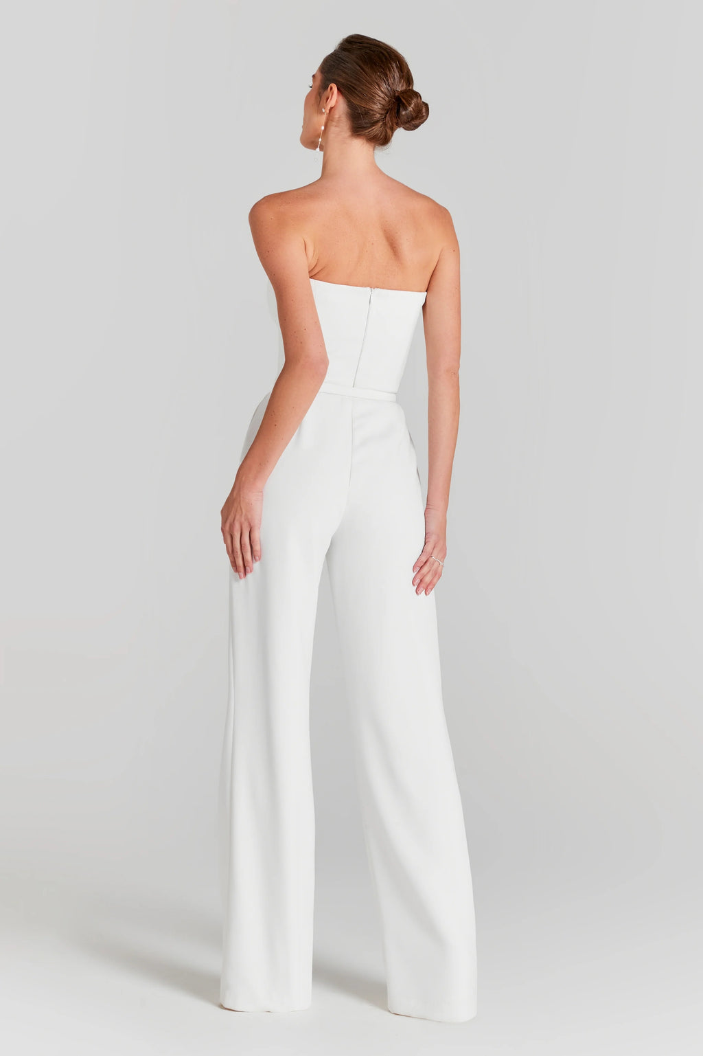 White Strapless Wide-Leg Jumpsuit with Pearl-Embellished Mesh Bodysuit Set