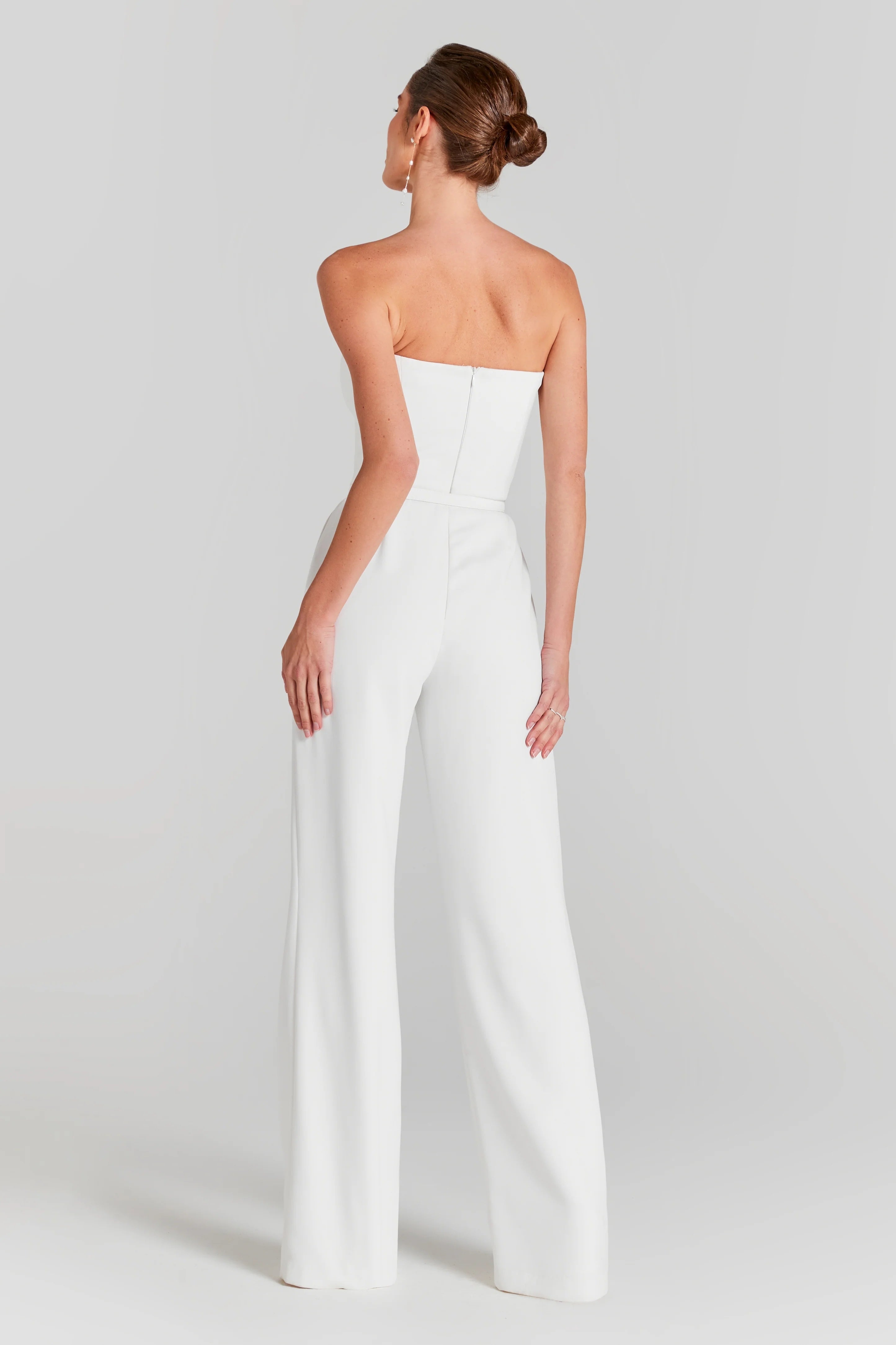 White Strapless Wide-Leg Jumpsuit with Pearl-Embellished Mesh Bodysuit Set