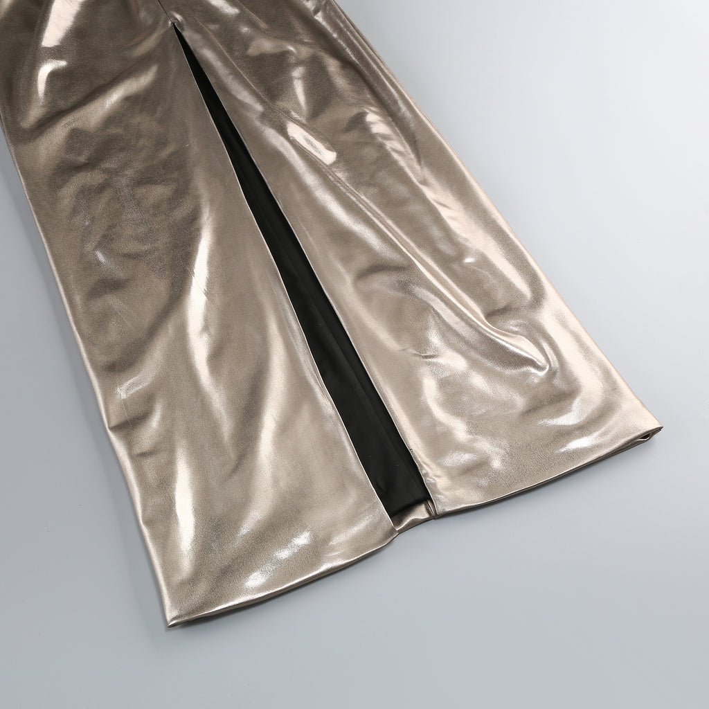 Metallic Champagne Gold Halter Backless Twist-Ruched Mermaid Gown