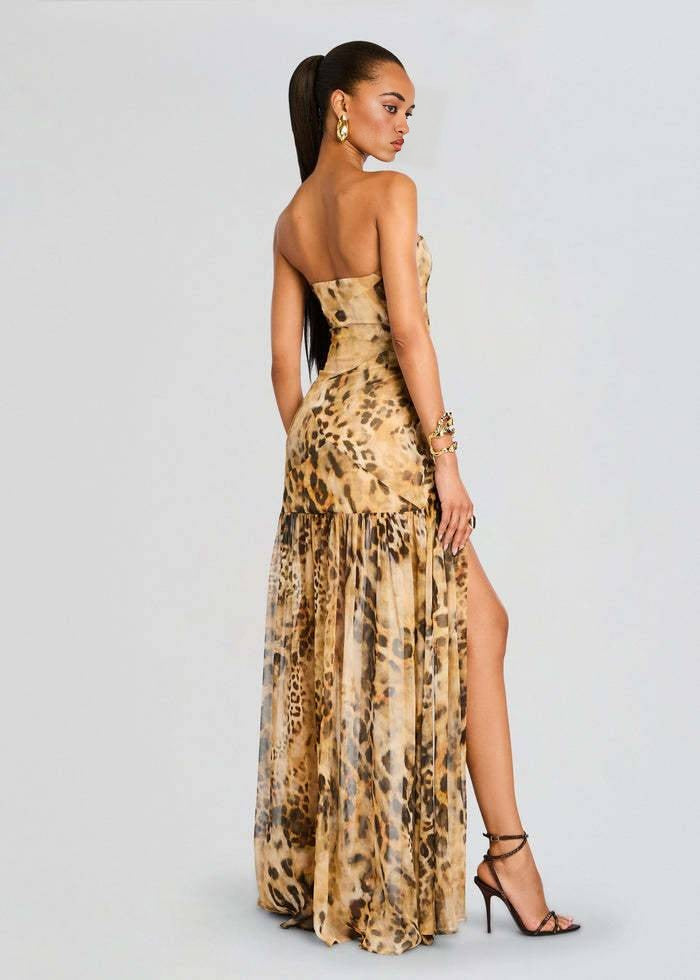 Leopard Print Strapless Sheer Maxi Gown