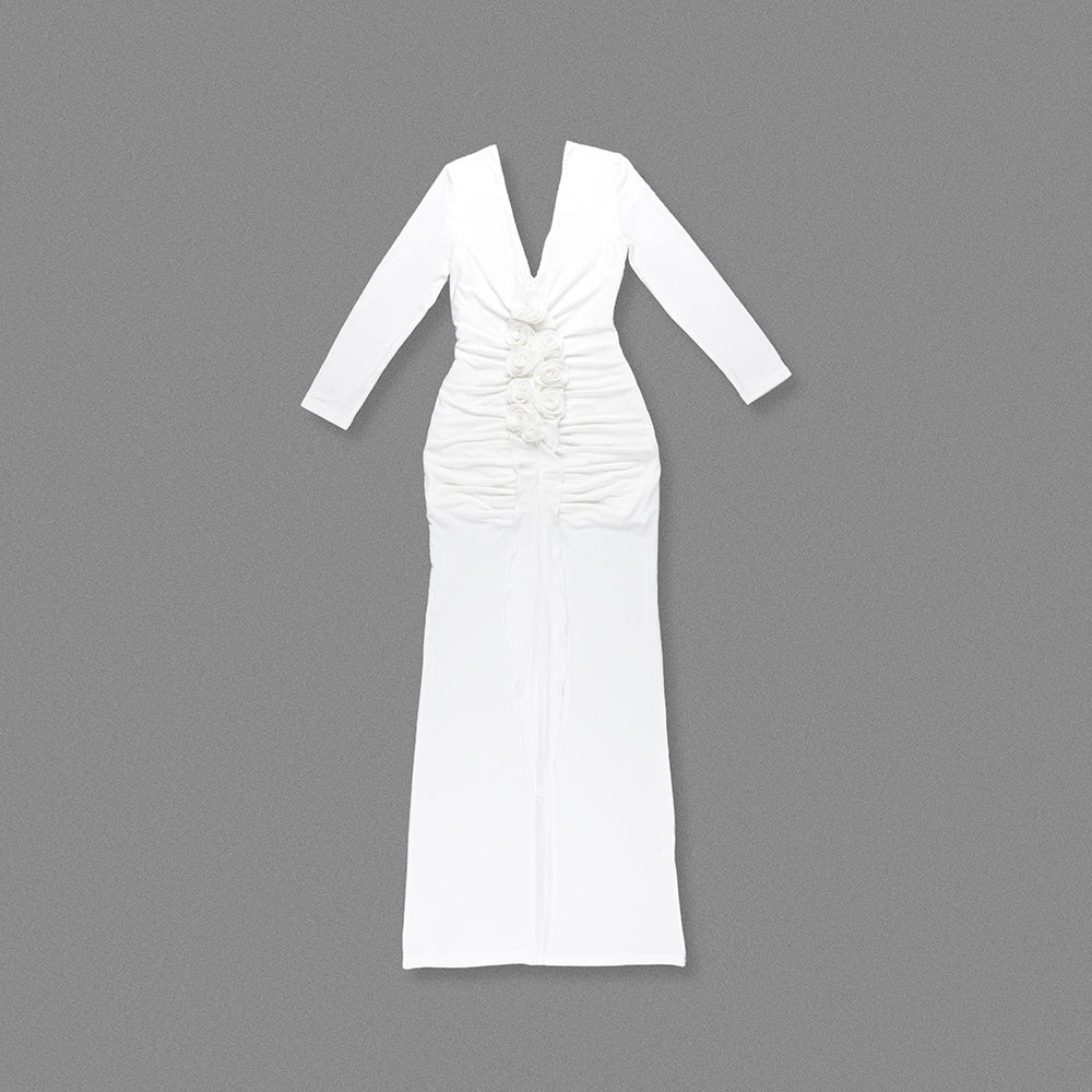 White long-sleeved deep V-neck pleated dress