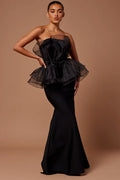 Black Strapless Tulle Ruffle Peplum Mermaid Gown