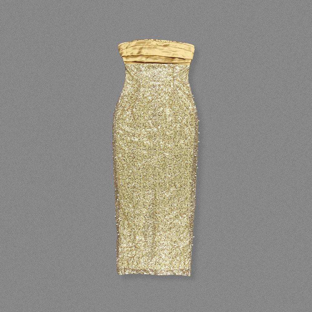 Glam Gold Sequin Strapless Gown: Slit Maxi Dress for Red Carpet & Gala