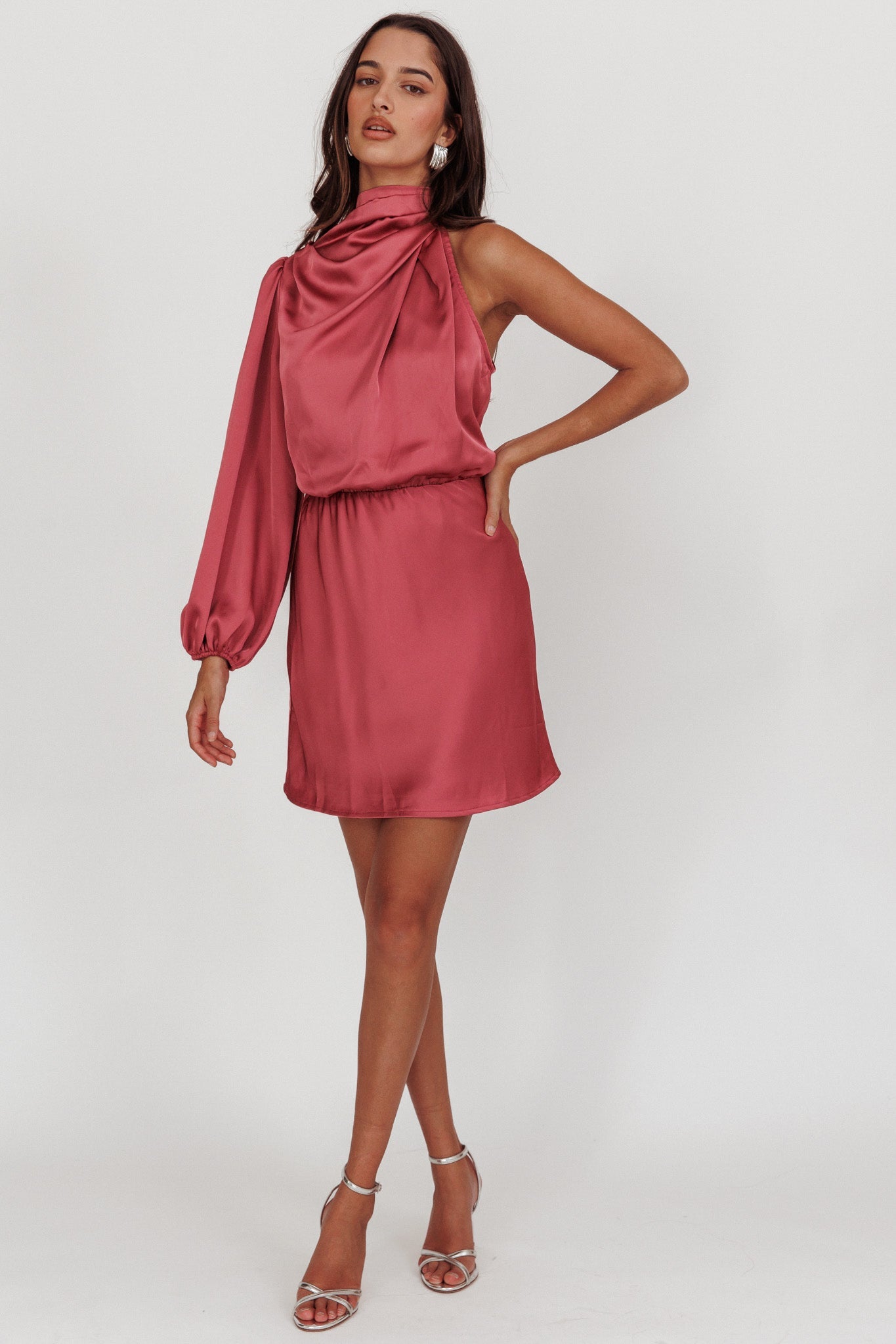 Can't Compete One Sleeve Satin Mini Dress Dusty Pink by Selfie Leslie
