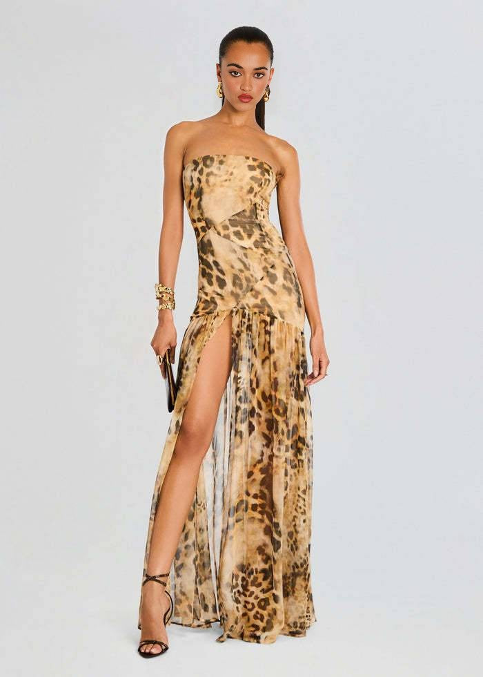 Leopard Print Strapless Sheer Maxi Gown