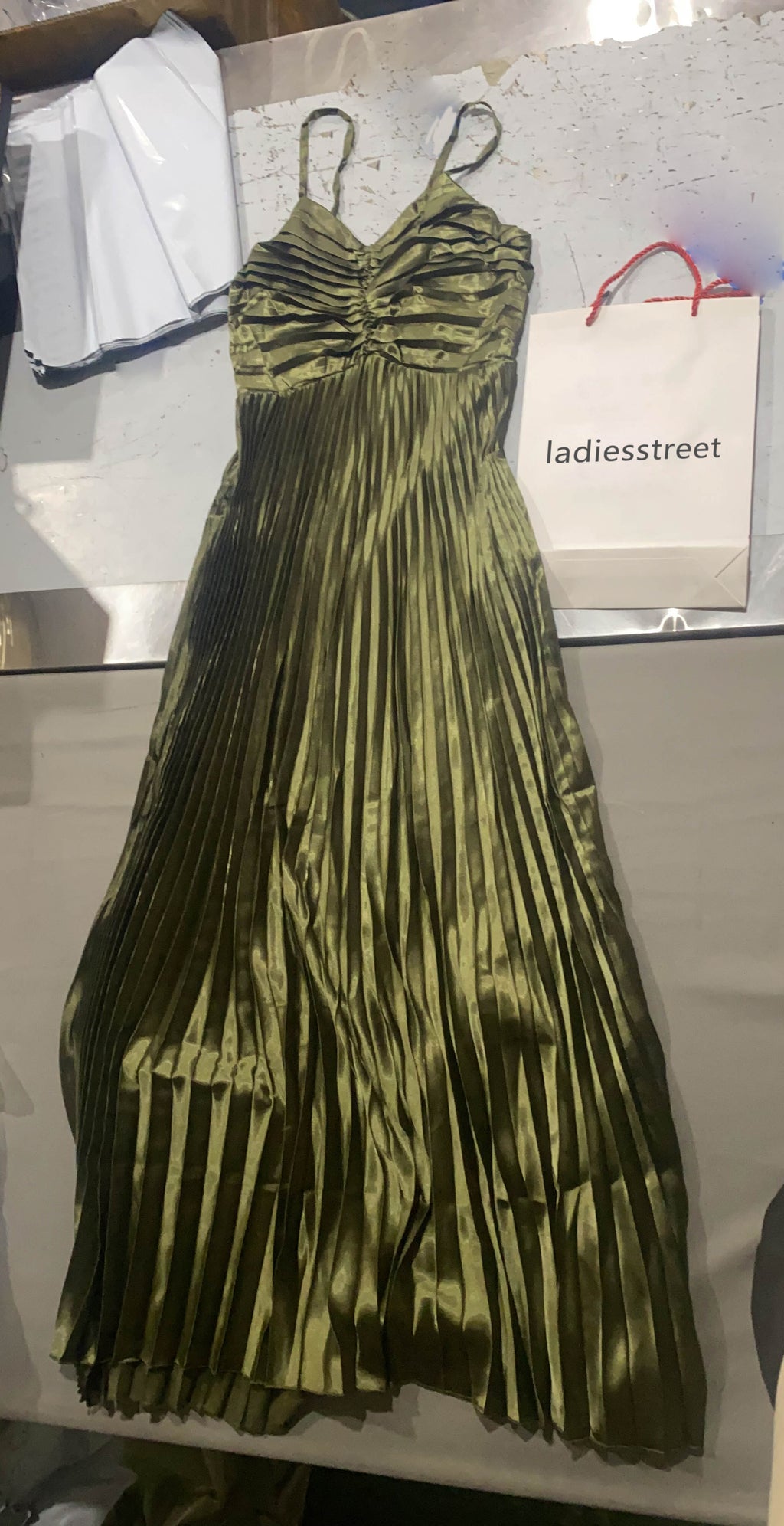ladiesstreet Naira Pleated Maxi Dress - Palm Green thin adjustable straps soft feel partially lined 100% polyester Masquerade costumes