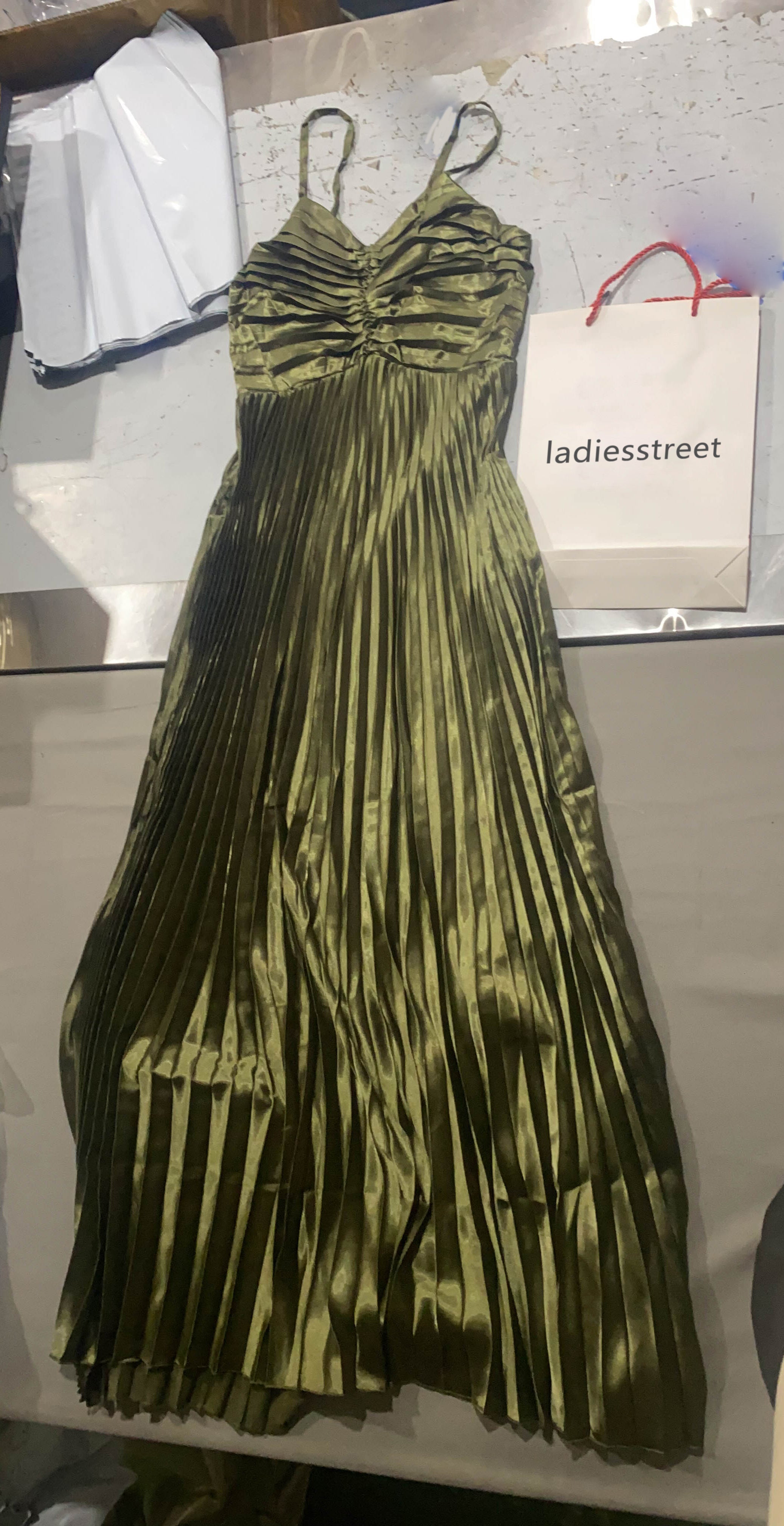 ladiesstreet Naira Pleated Maxi Dress - Palm Green thin adjustable straps soft feel partially lined 100% polyester Masquerade costumes