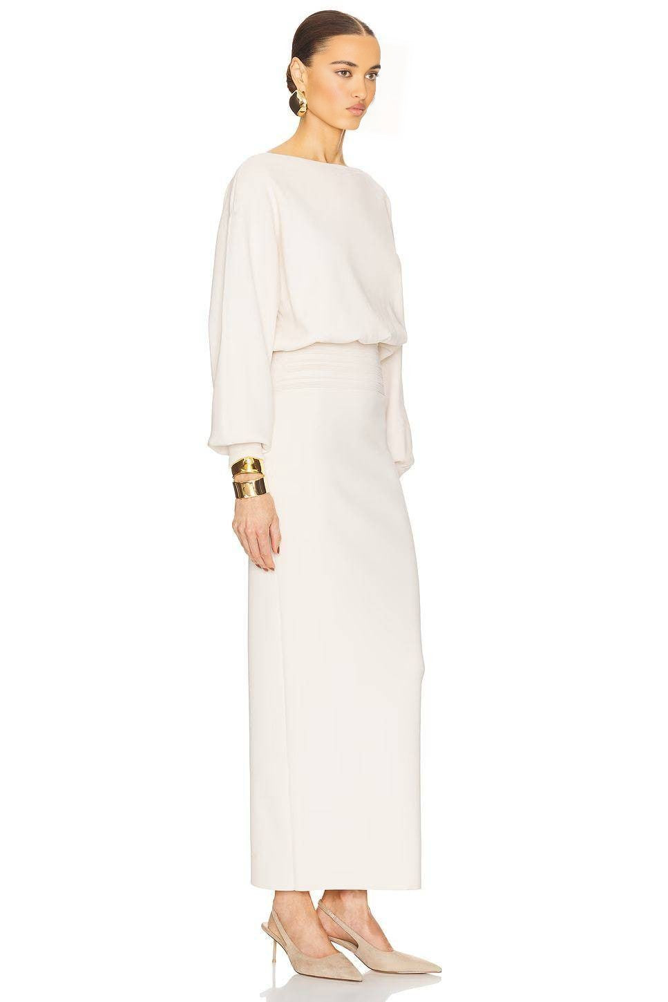Ivory Dolman-Sleeve Blouson Waist Maxi Dress