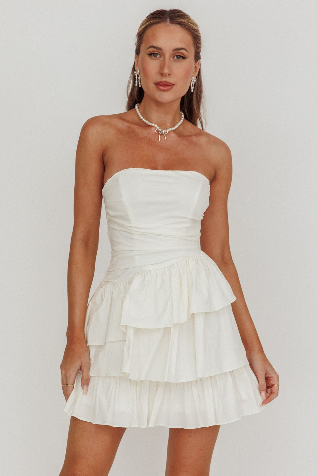 Destini Strapless Layered Frill Mini Dress Off White