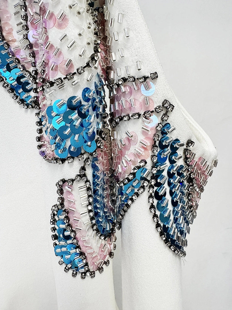 Navy Blue Satin Mermaid Evening Gown with Beaded Detailing