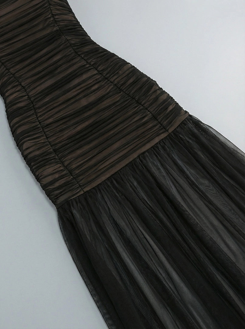 Black Crystal-Embellished A-Line Evening Gown