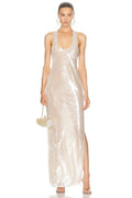 Champagne Sequin Halter Maxi Gown