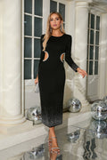 Black Long-Sleeve Rhinestone Midi Dress