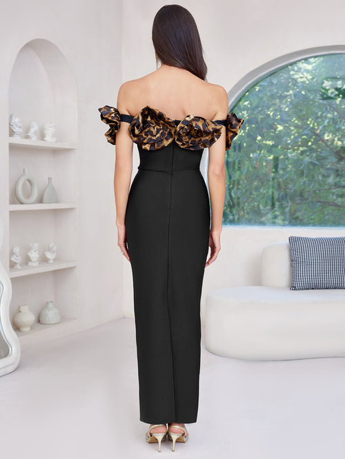 Black Off-Shoulder Leopard Ruffle Gown