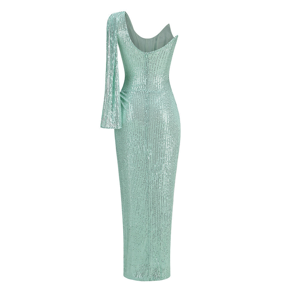 Mint Green Sequin Cowl-Neck Gown