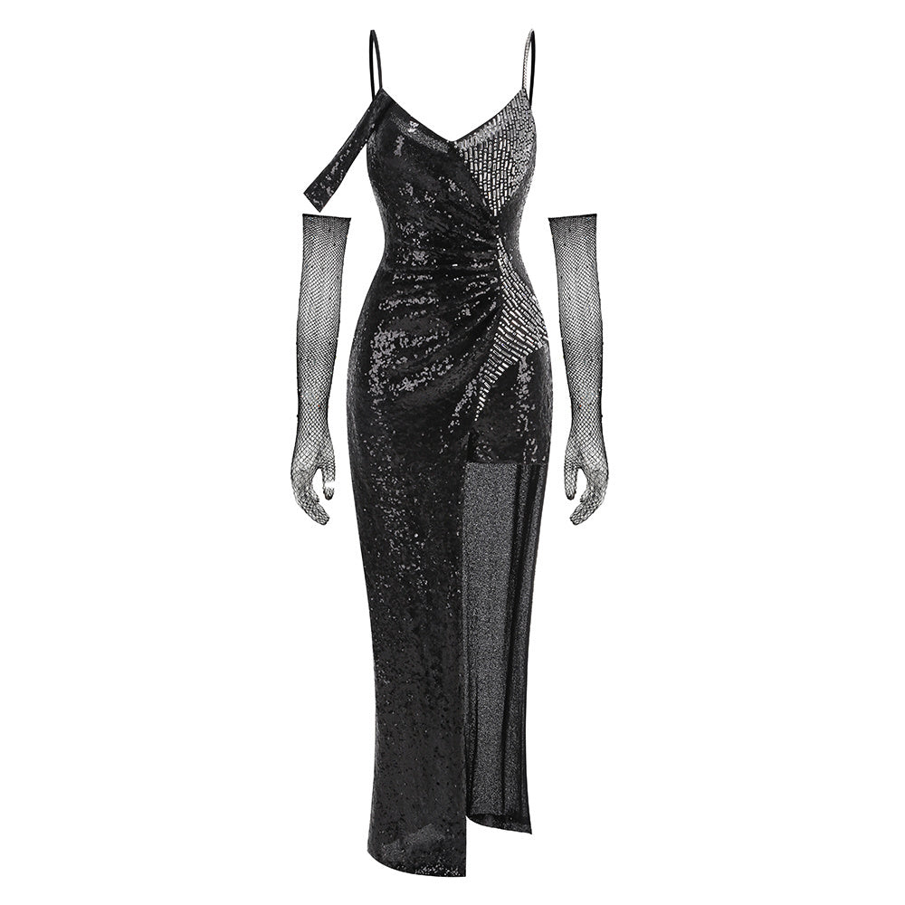 Black Sequin Cold-Shoulder Gown with Fishnet Gloves