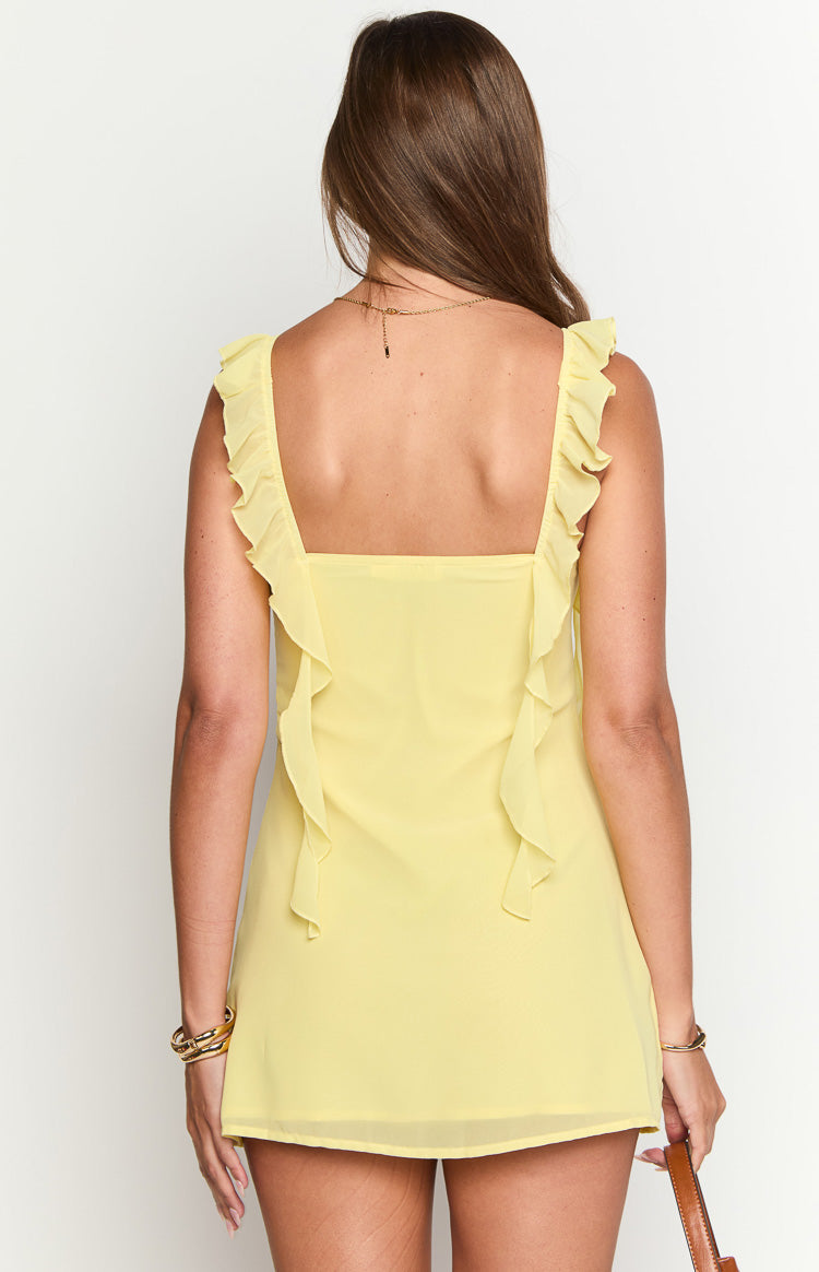 Elegeleges Yellow Chiffon Ruffle Mini Dress