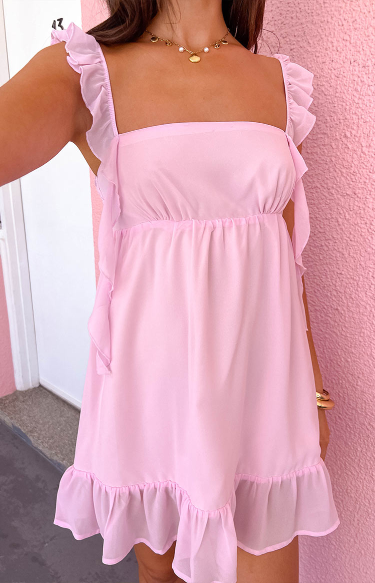 Elegeleges Pink Chiffon Ruffle Mini Dress