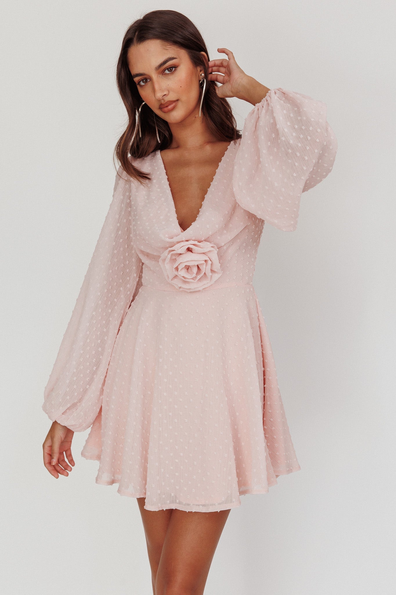 Open Heart Long Sleeve Rosette Mini Dress Baby Pink by Selfie Leslie