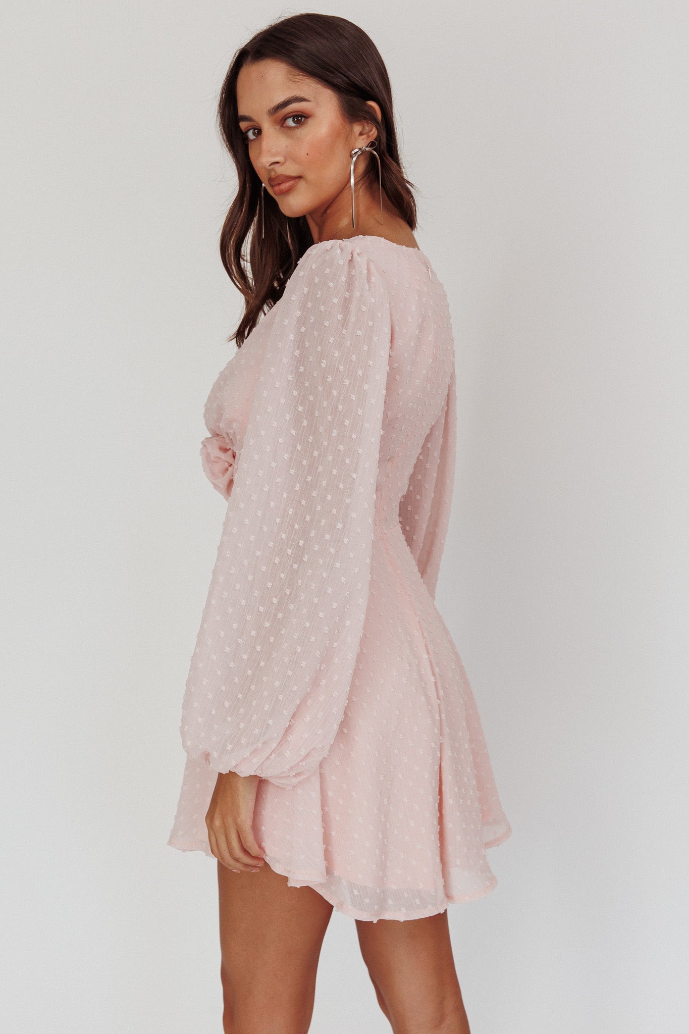 Open Heart Long Sleeve Rosette Mini Dress Baby Pink by Selfie Leslie