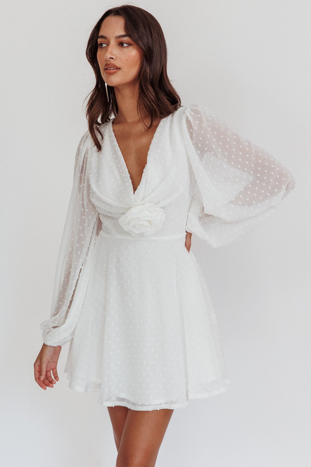Open Heart Long Sleeve Rosette Mini Dress White by Selfie Leslie