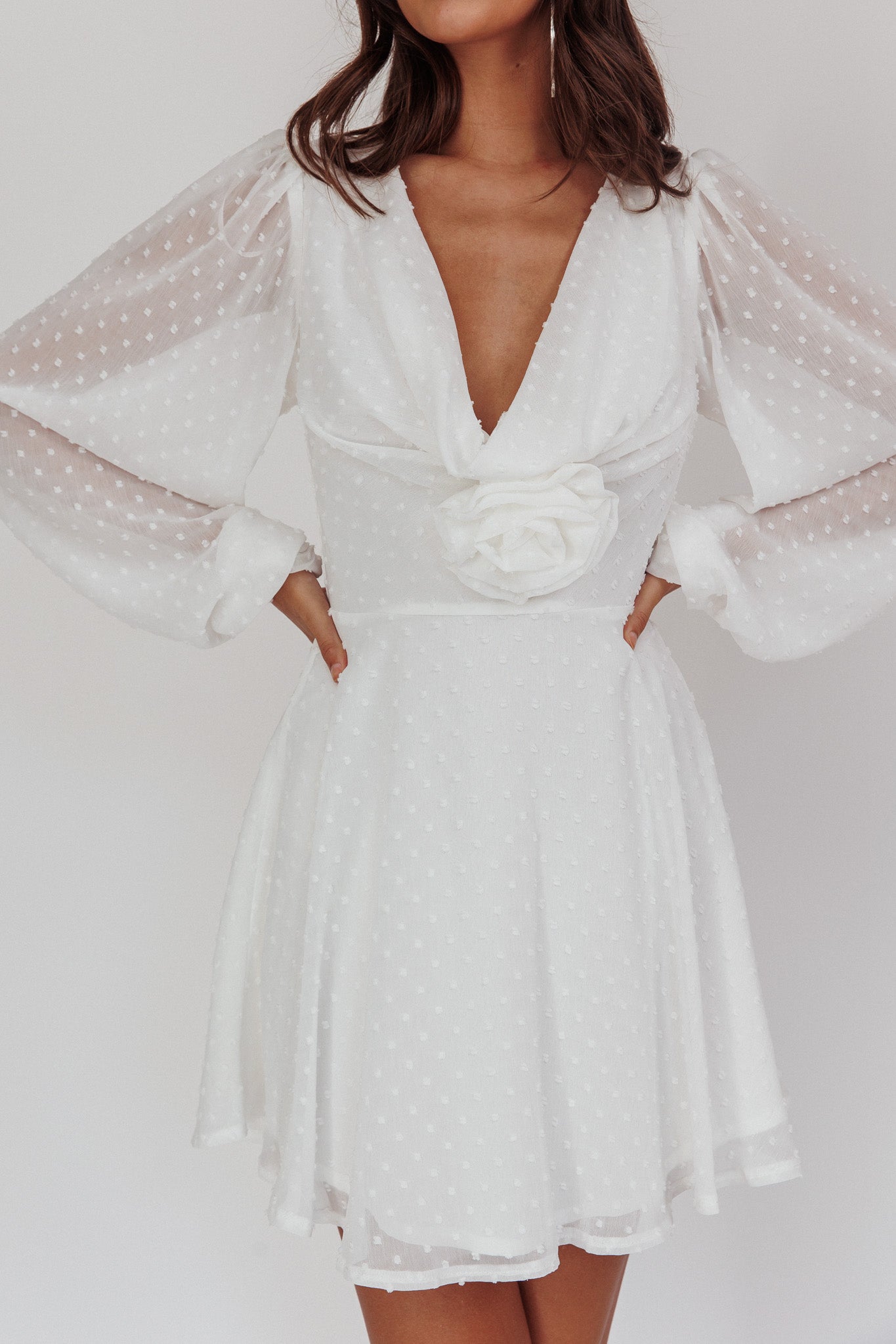 Open Heart Long Sleeve Rosette Mini Dress White by Selfie Leslie