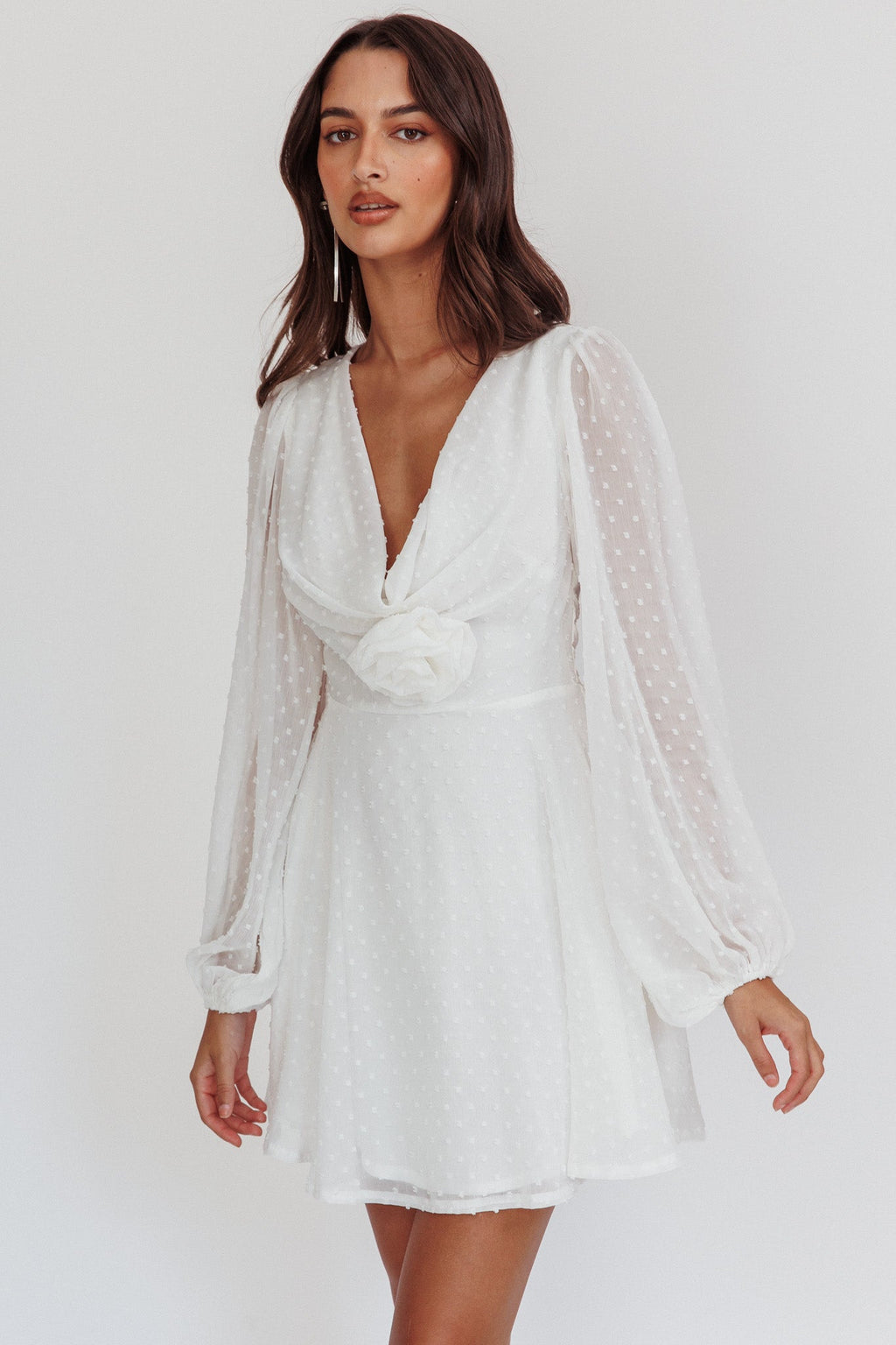 Open Heart Long Sleeve Rosette Mini Dress White by Selfie Leslie