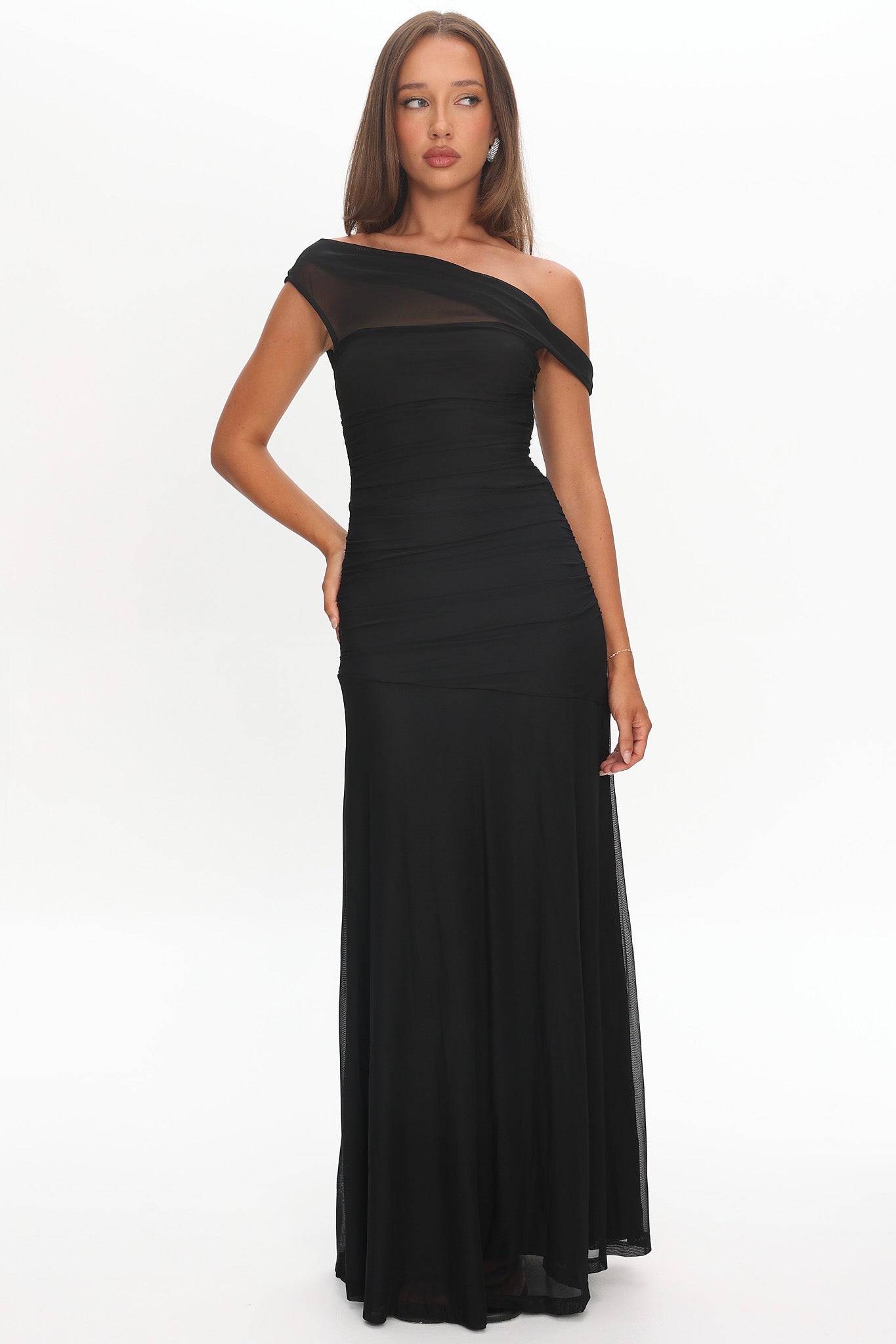 Lylah Asymmetric Neckline Mesh Maxi Dress Black by Selfie Leslie