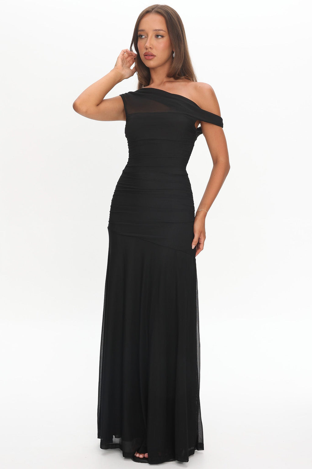 Lylah Asymmetric Neckline Mesh Maxi Dress Black by Selfie Leslie