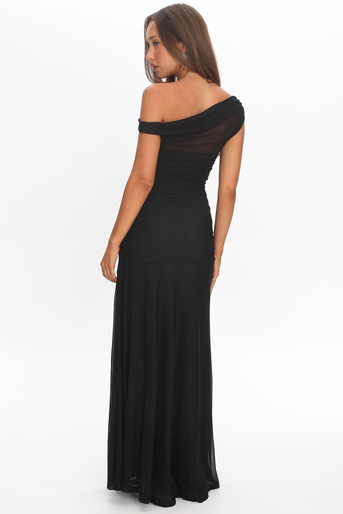 Lylah Asymmetric Neckline Mesh Maxi Dress Black by Selfie Leslie