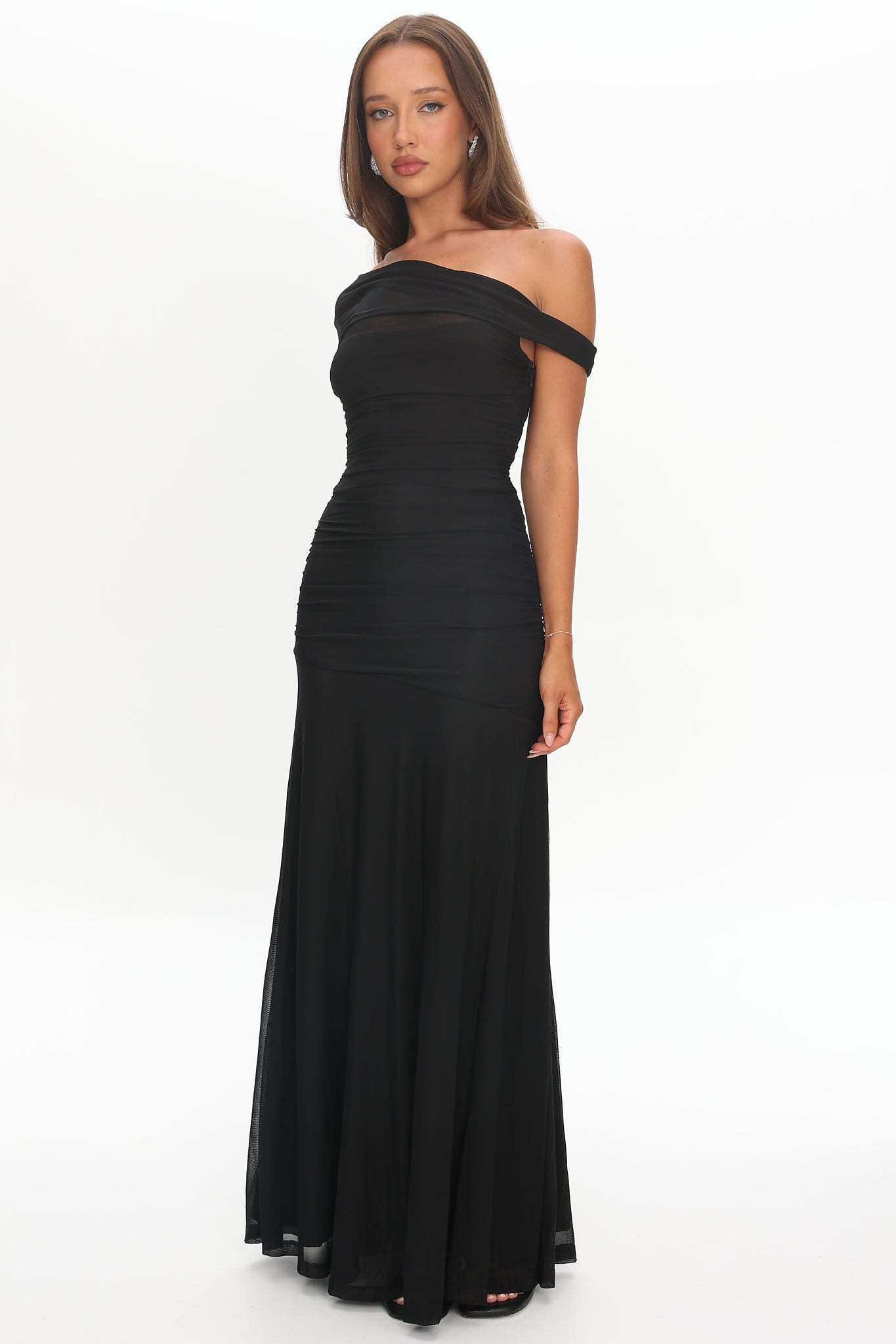 Lylah Asymmetric Neckline Mesh Maxi Dress Black by Selfie Leslie