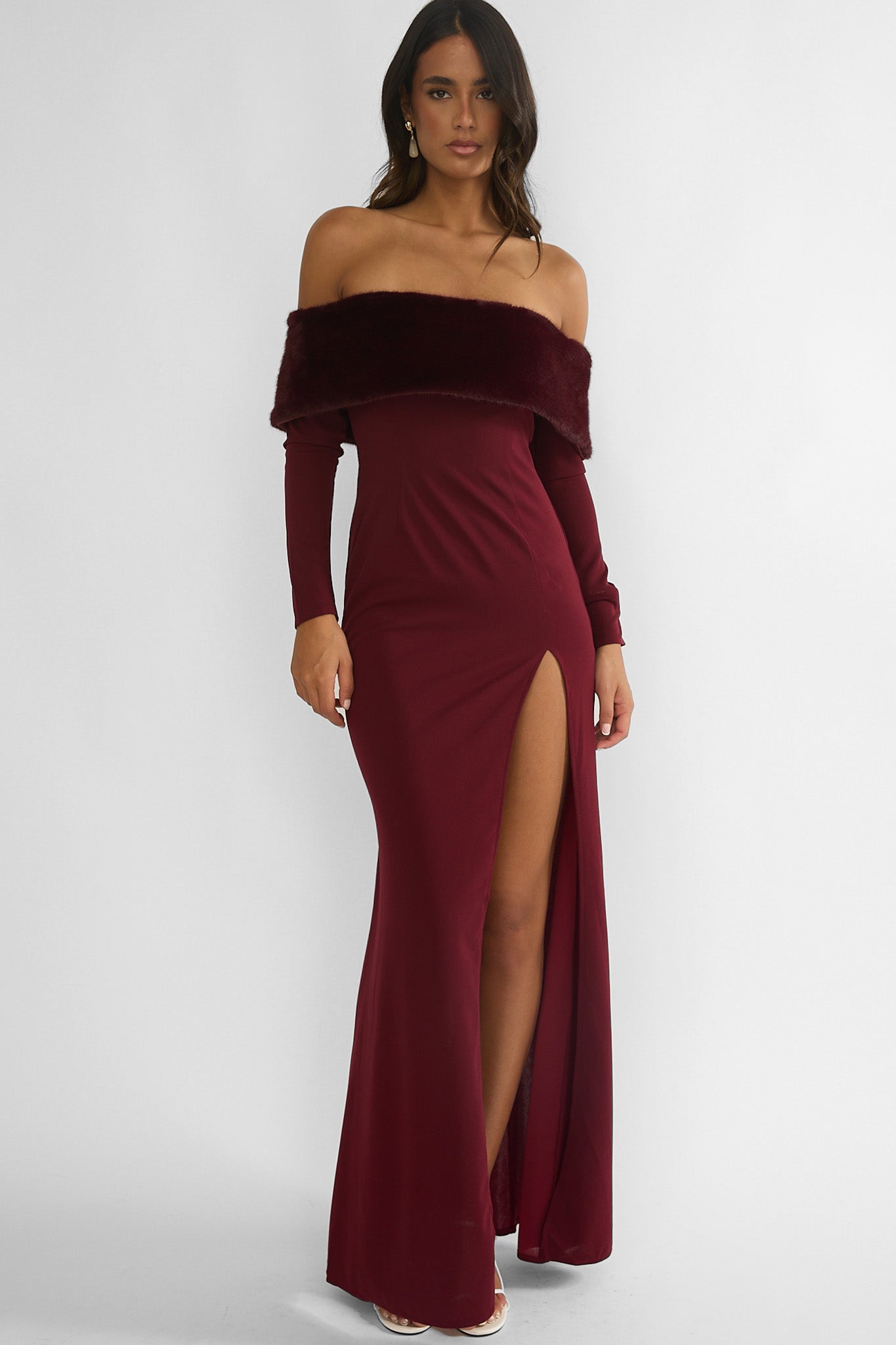 Noella Off-Shoulder Fur Trim Maxi Dress Wine by Selfie Leslie