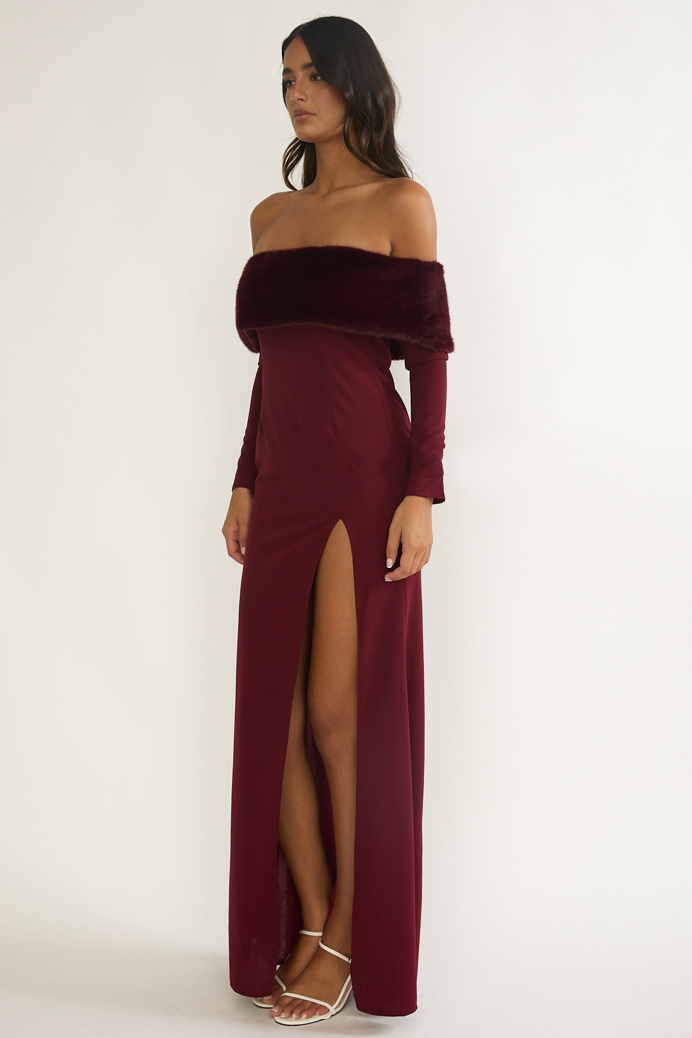 Noella Off-Shoulder Fur Trim Maxi Dress Wine by Selfie Leslie