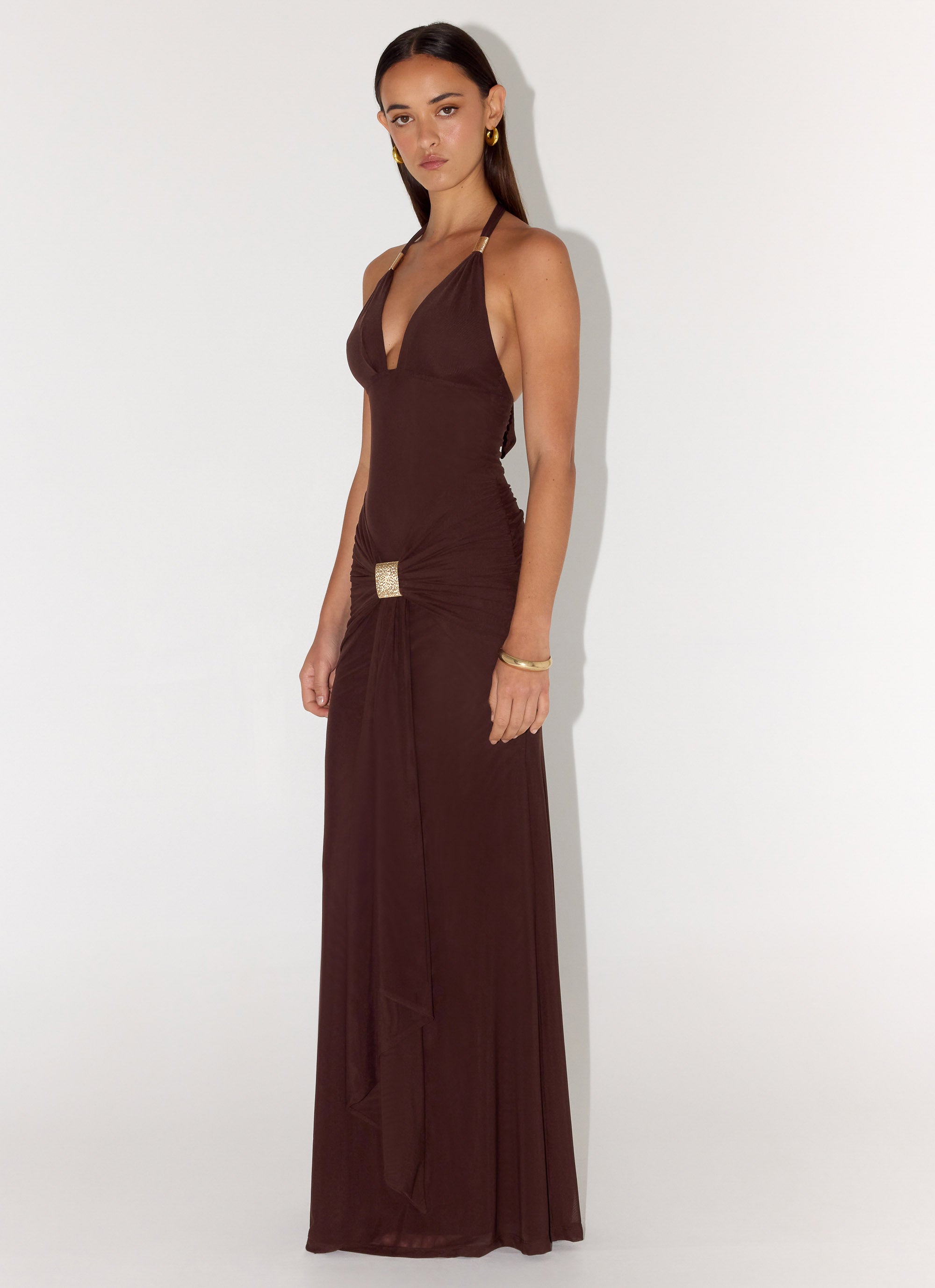 Miyah Halter Hardware Maxi Dress - Chocolate