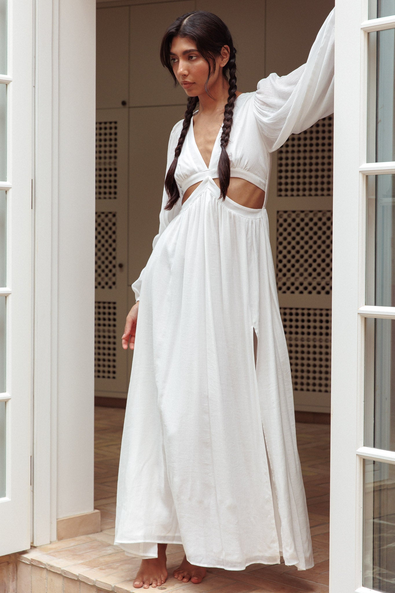 Jessalynn Cut-Out Long Sleeve Maxi Dress White by Selfie Leslie