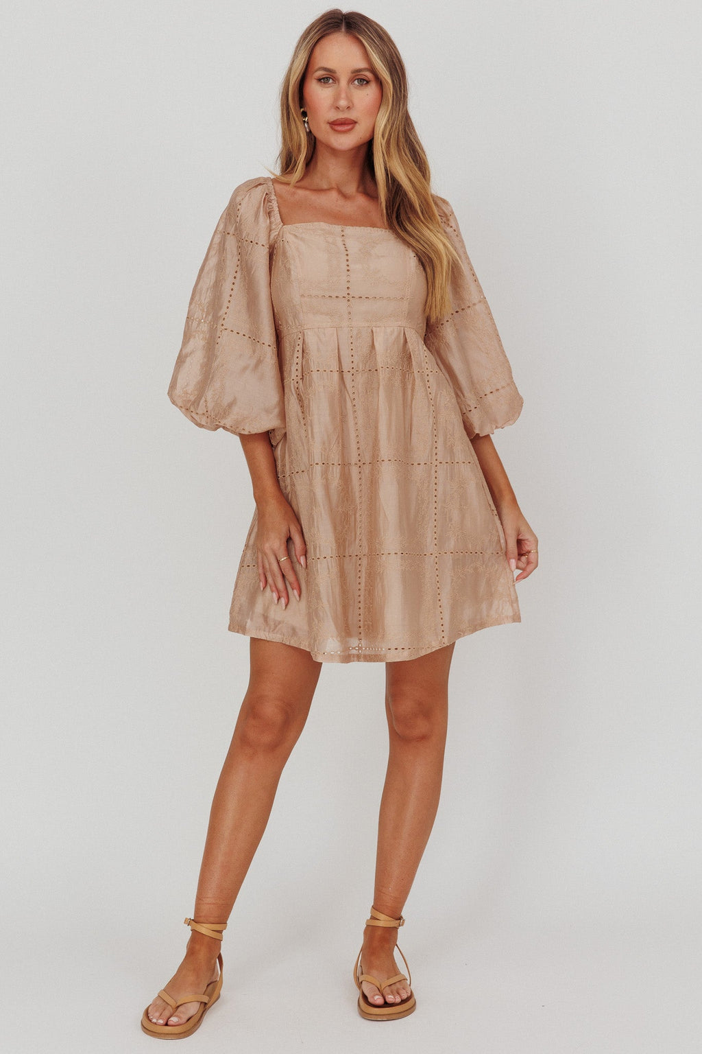 Summerlin Puff Sleeve Eyelet Mini Dress Beige by Selfie Leslie
