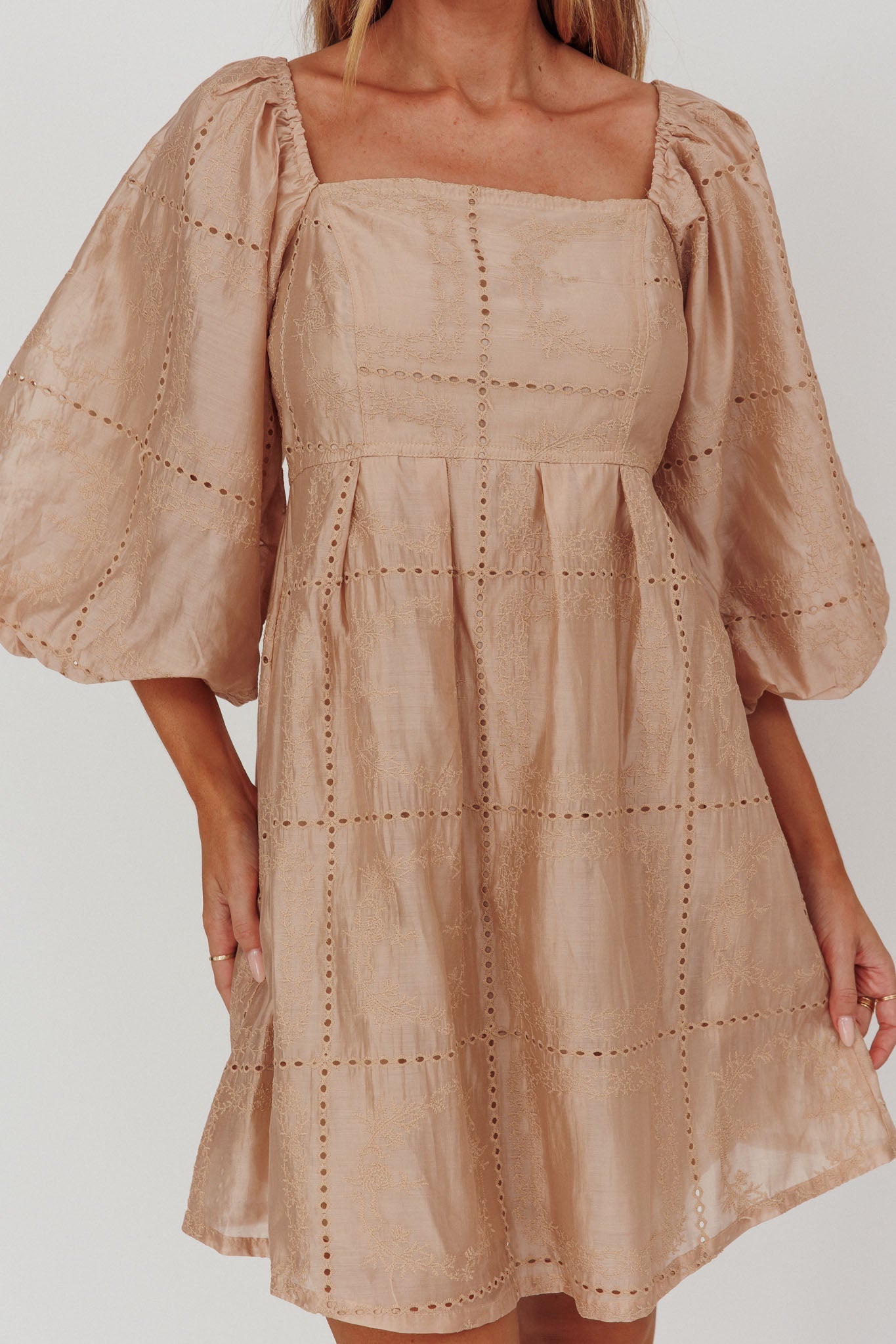 Summerlin Puff Sleeve Eyelet Mini Dress Beige by Selfie Leslie