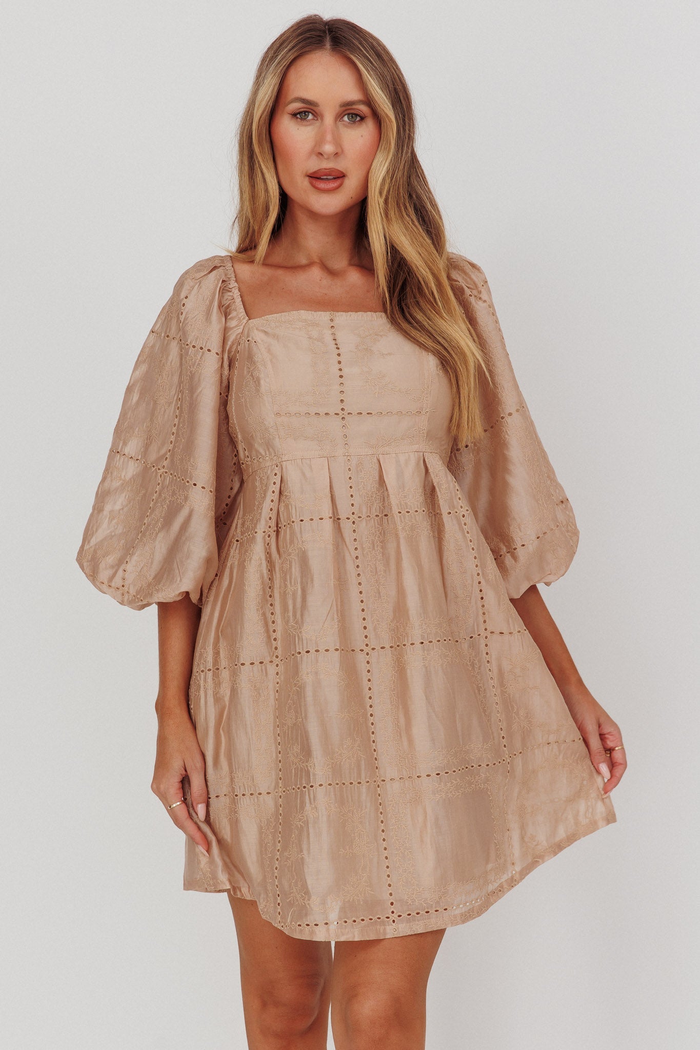 Summerlin Puff Sleeve Eyelet Mini Dress Beige by Selfie Leslie