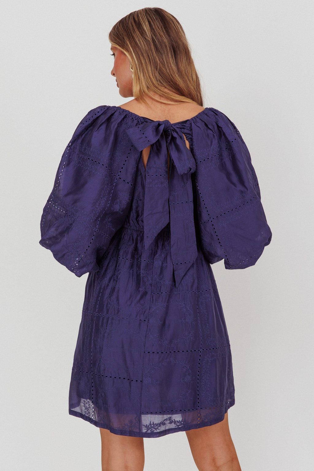 Summerlin Puff Sleeve Eyelet Mini Dress Navy by Selfie Leslie