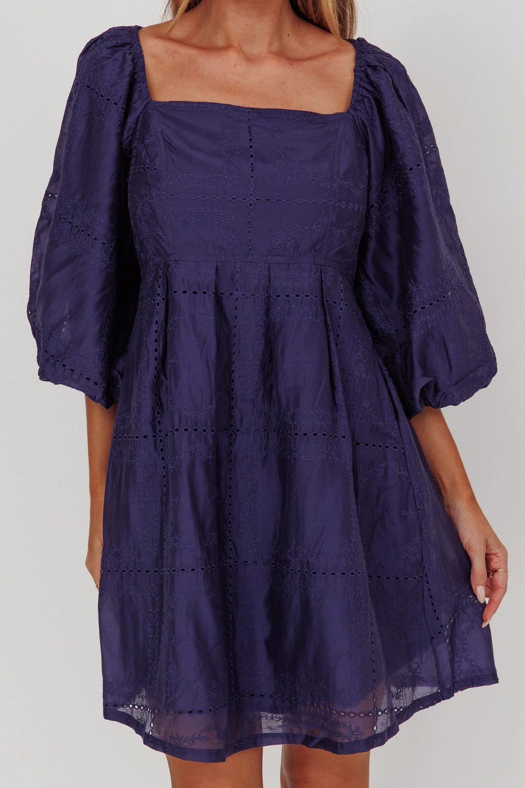 Summerlin Puff Sleeve Eyelet Mini Dress Navy by Selfie Leslie