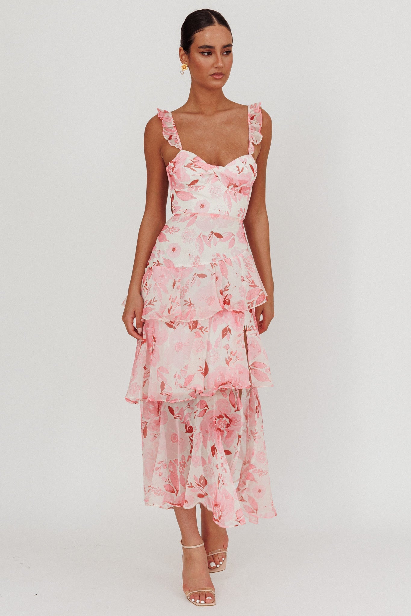 Veda Strappy Back Ruffle Maxi Dress Flowers Blush