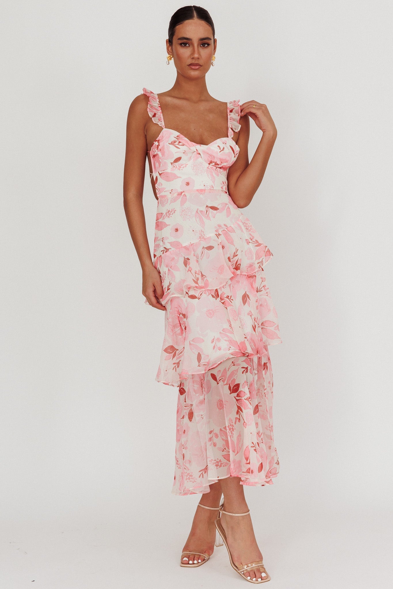Veda Strappy Back Ruffle Maxi Dress Flowers Blush