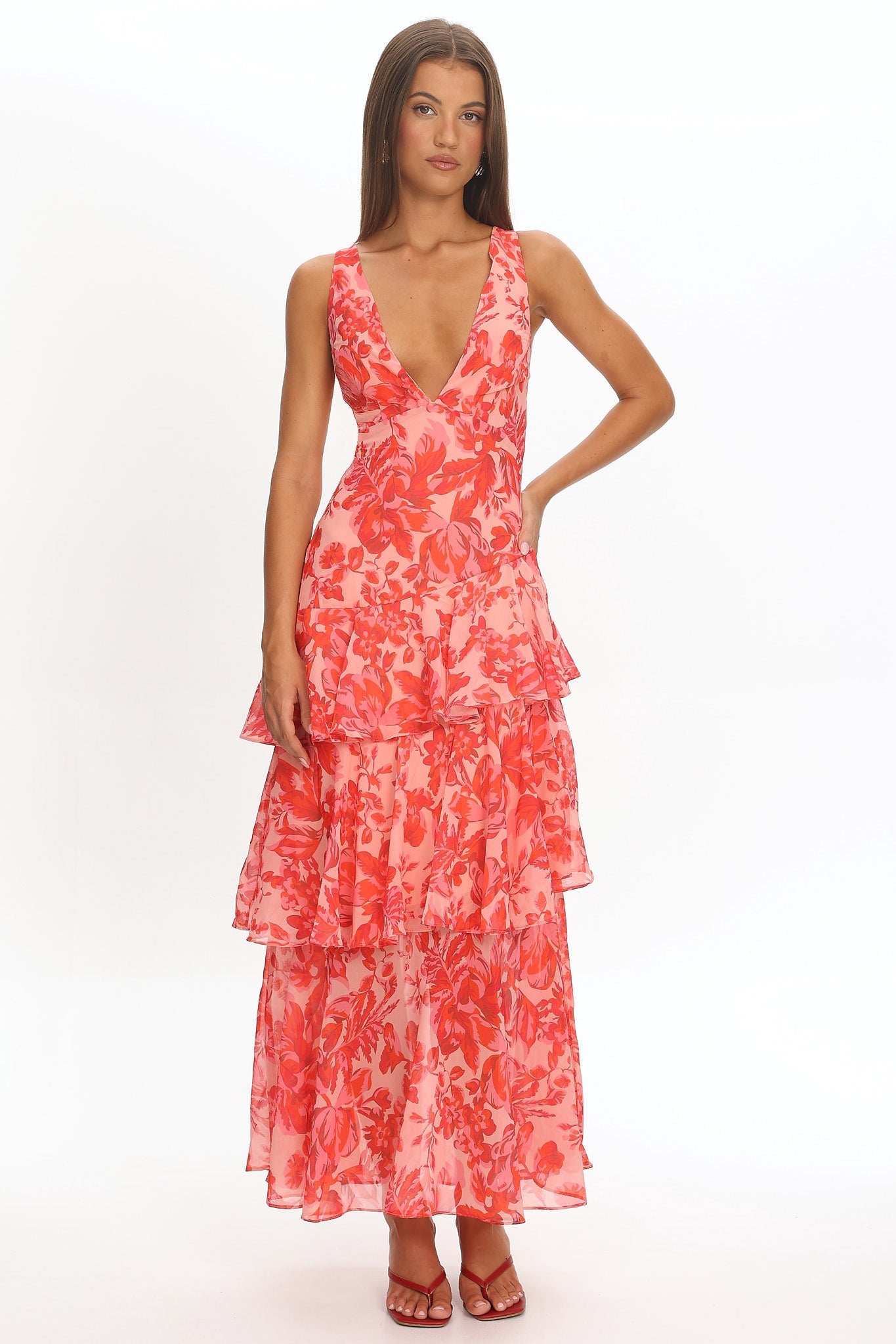 Veda Strappy Back Ruffle Midi Dress Floral Red by Selfie Leslie