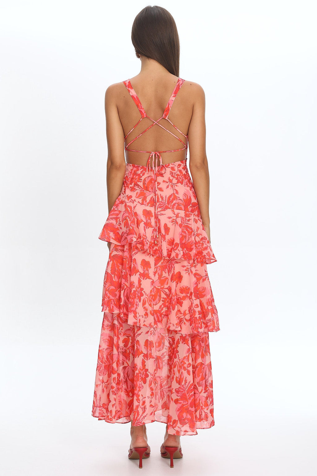 Veda Strappy Back Ruffle Midi Dress Floral Red by Selfie Leslie