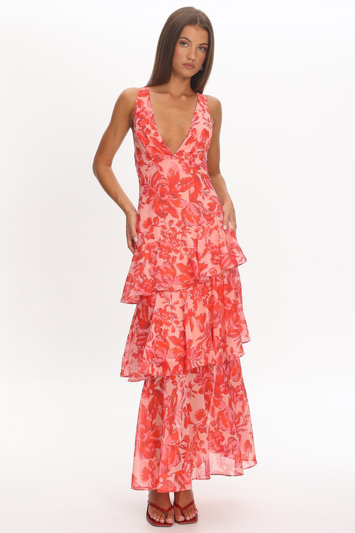 Veda Strappy Back Ruffle Midi Dress Floral Red by Selfie Leslie