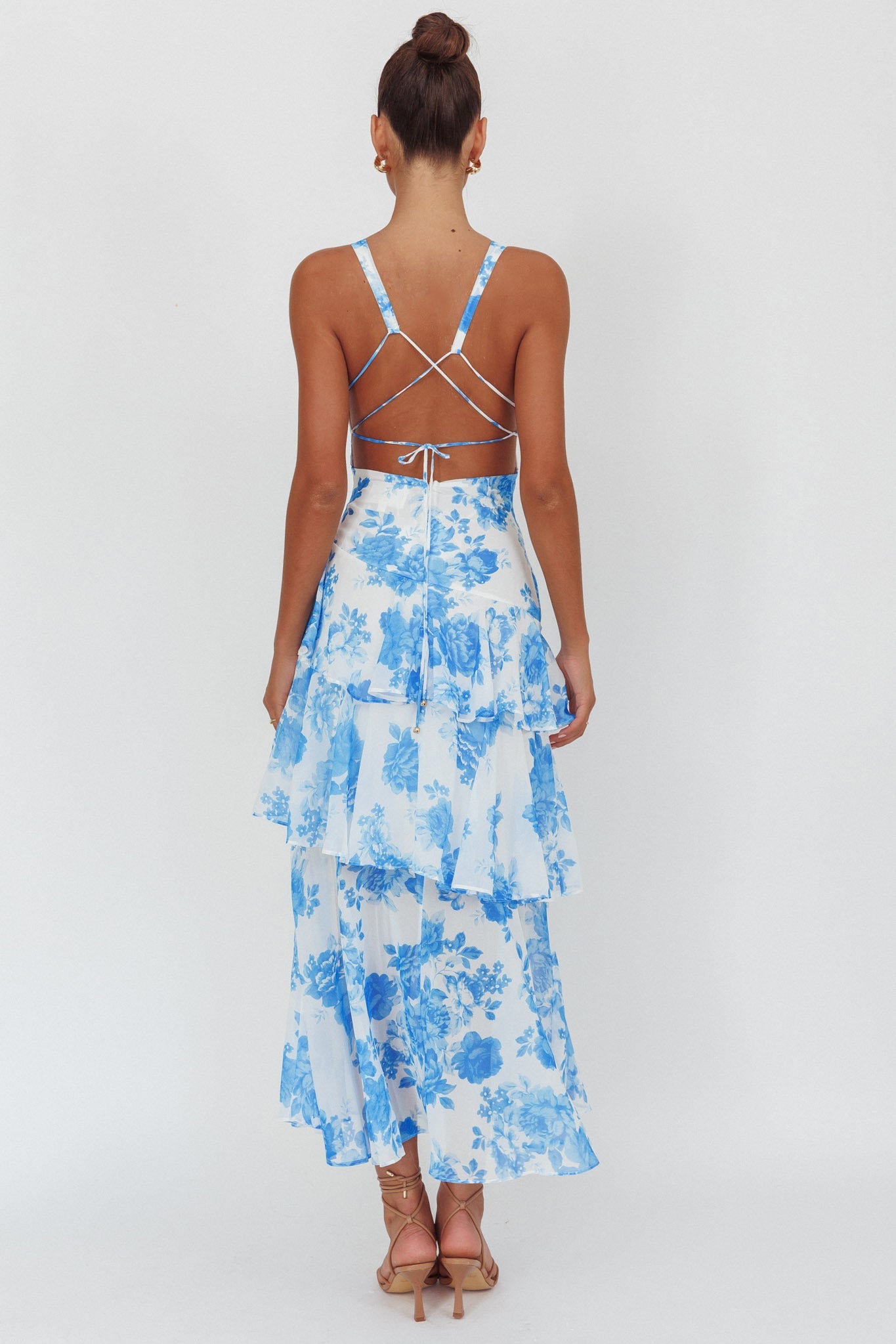 Veda Strappy Back Ruffle Maxi Dress Roses Blue