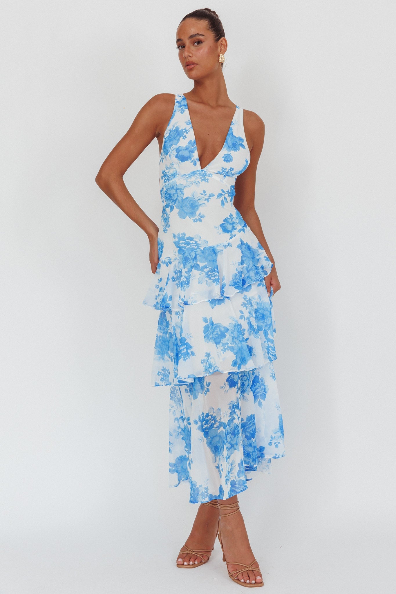 Veda Strappy Back Ruffle Maxi Dress Roses Blue