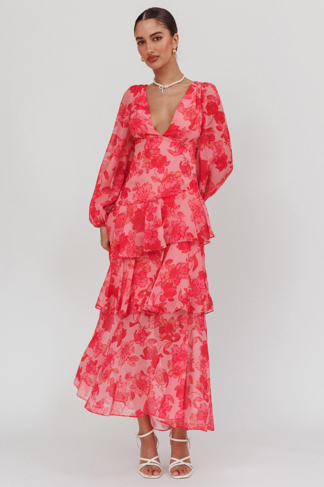 Veda Long Sleeve Floral Tiered Ruffle Maxi Dress Pink by Selfie Leslie